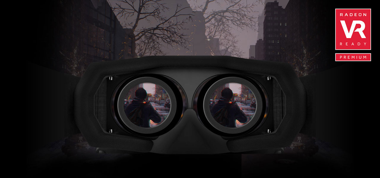 A VR headset showing an FPS game scene, with the background of multiple buildings covered in fog  